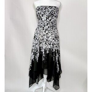 White House Black Market Midi Strapless Dress Sz 12 Asymmetric Floral Fairy Boho